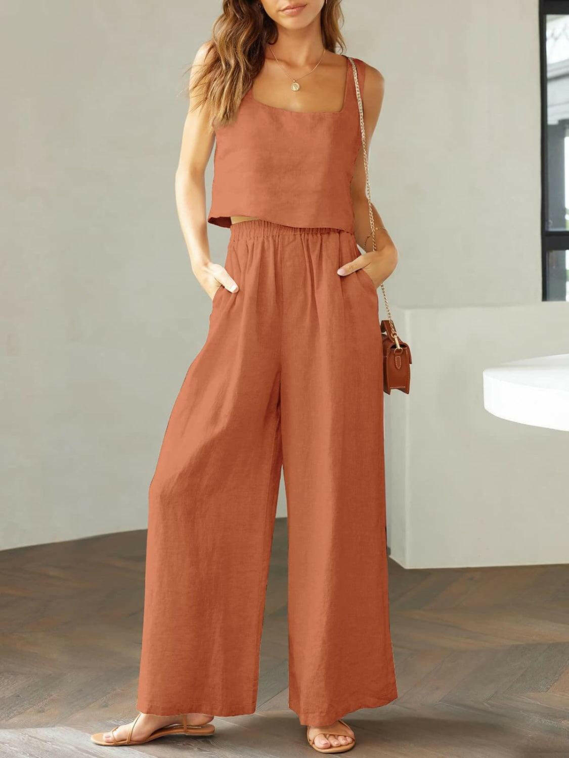 Trendy Square Neck Top and Wide Leg Pants Set - 2 piece set by The Nichole Collection