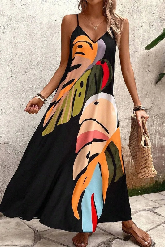 Tropical Leaf Print V-Neck Maxi Cami Dress Black / S The Nichole Collection