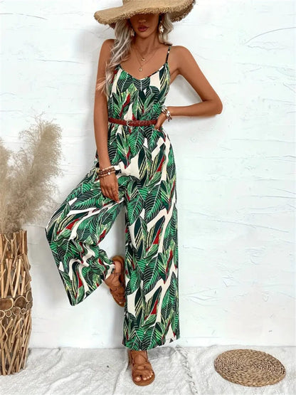 Tropical Print Spaghetti Strap Wide Leg Jumpsuit The Nichole Collection