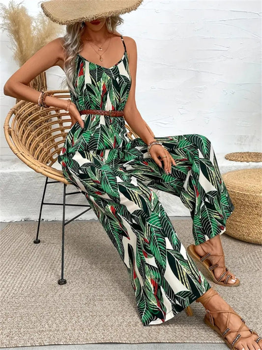 Tropical Print Spaghetti Strap Wide Leg Jumpsuit Dark Green / S The Nichole Collection