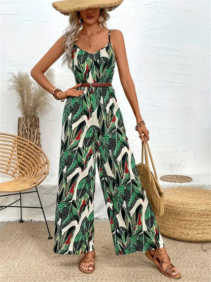 Tropical Print Spaghetti Strap Wide Leg Jumpsuit The Nichole Collection