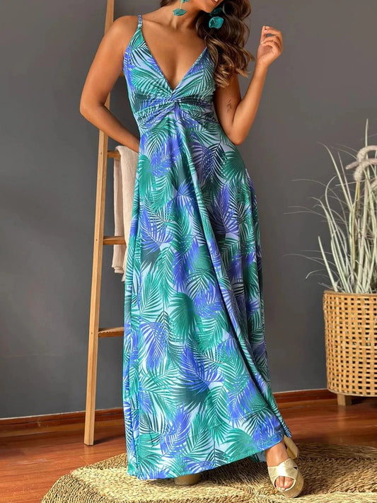 Tropical Print V-Neck Maxi Dress Blue / S The Nichole Collection