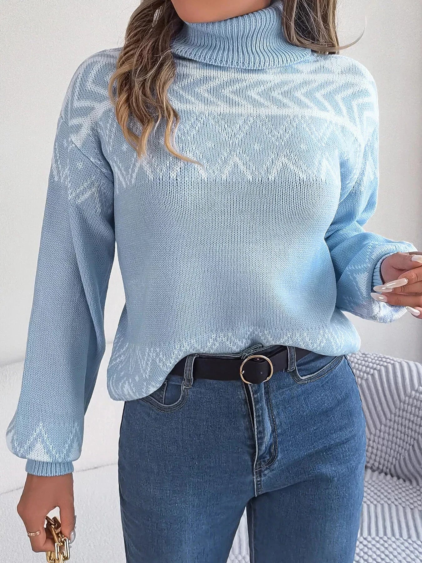 Turtleneck Dropped Shoulder Sweater Blue / S Trendsi