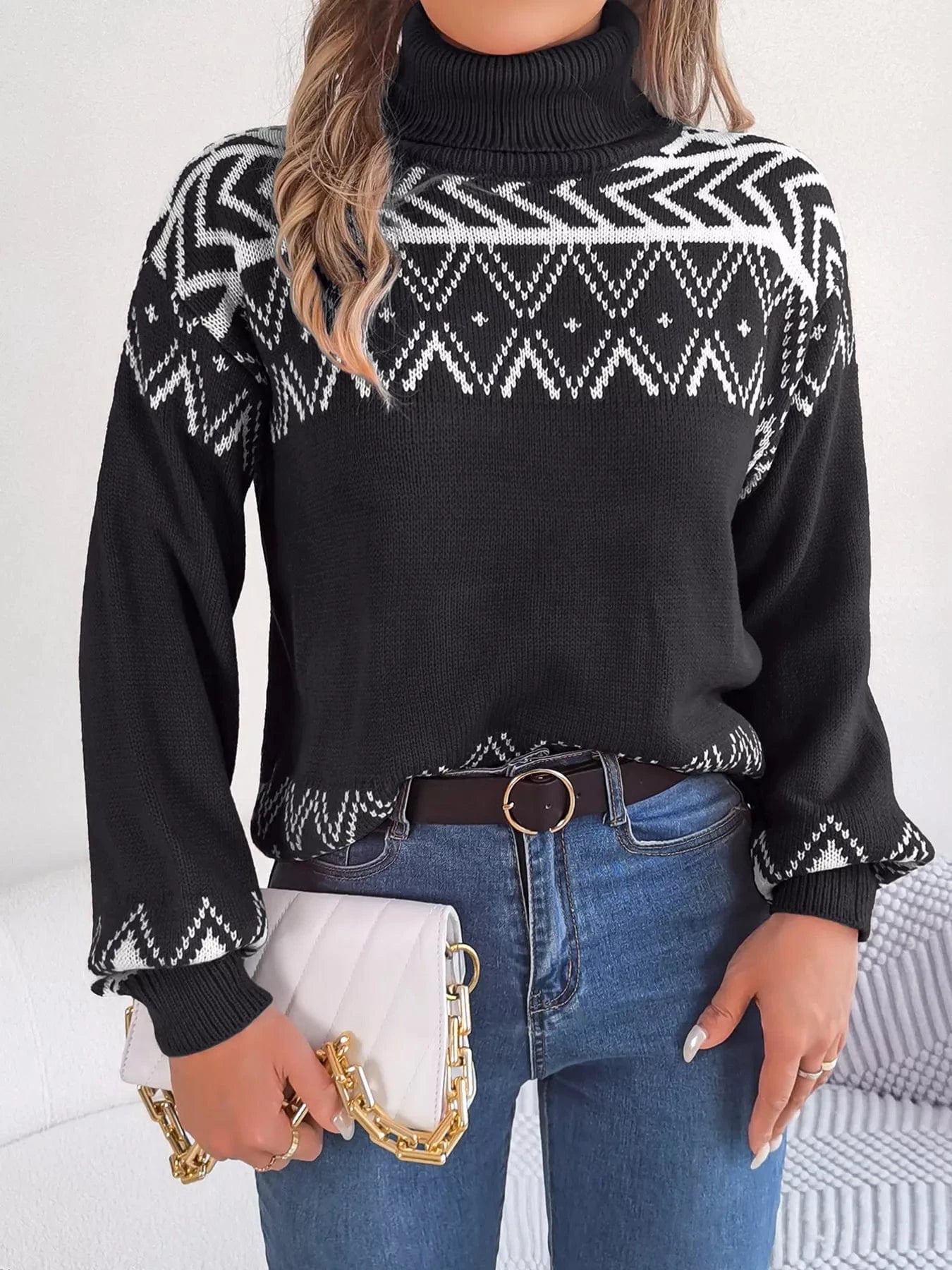 Turtleneck Dropped Shoulder Sweater Trendsi