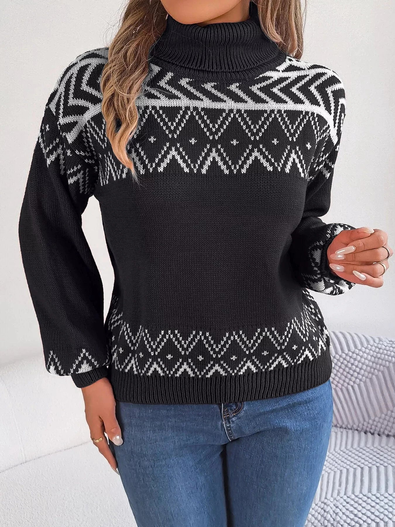 Turtleneck Dropped Shoulder Sweater Trendsi
