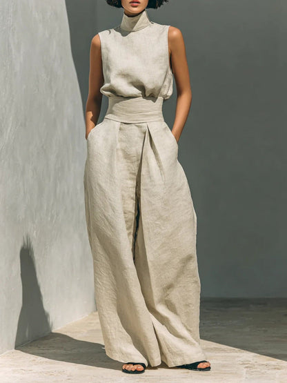 Turtleneck Sleeveless Top and Pants Set Ivory / S The Nichole Collection