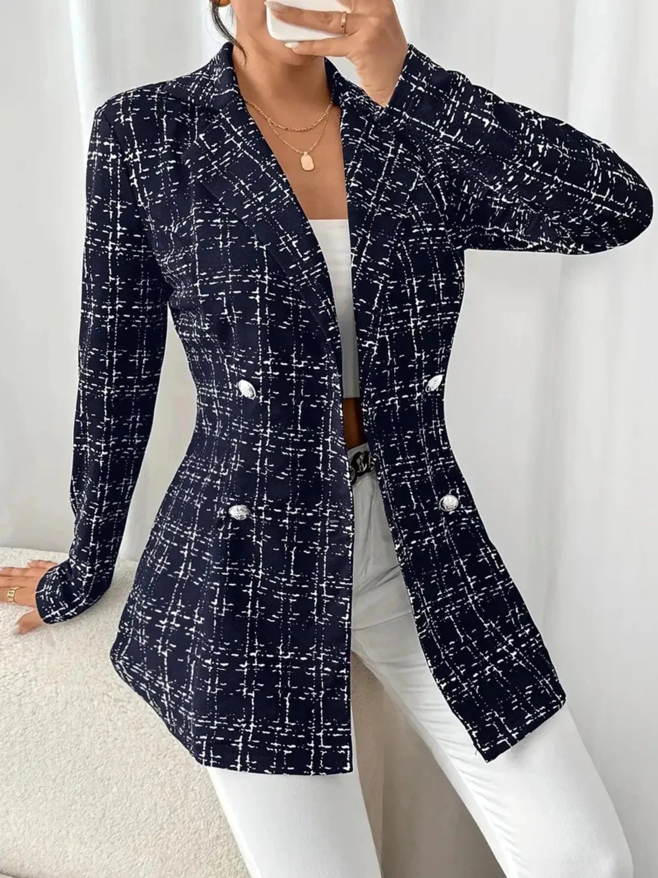 Tweed Double-Breasted Blazer Blazers Navy Blue / S The Nichole Collection