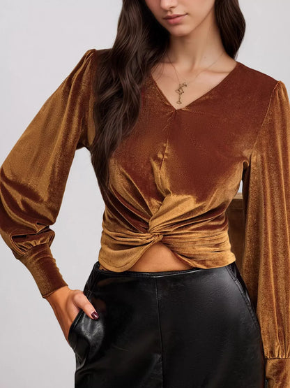Twisted V-Neck Long Sleeve Blouse Brown / S The Nichole Collection