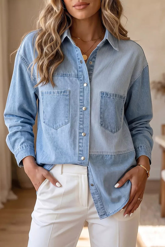 Two-Tone Denim Patchwork Shirt Light Blue / S The Nichole Collection - Official Site