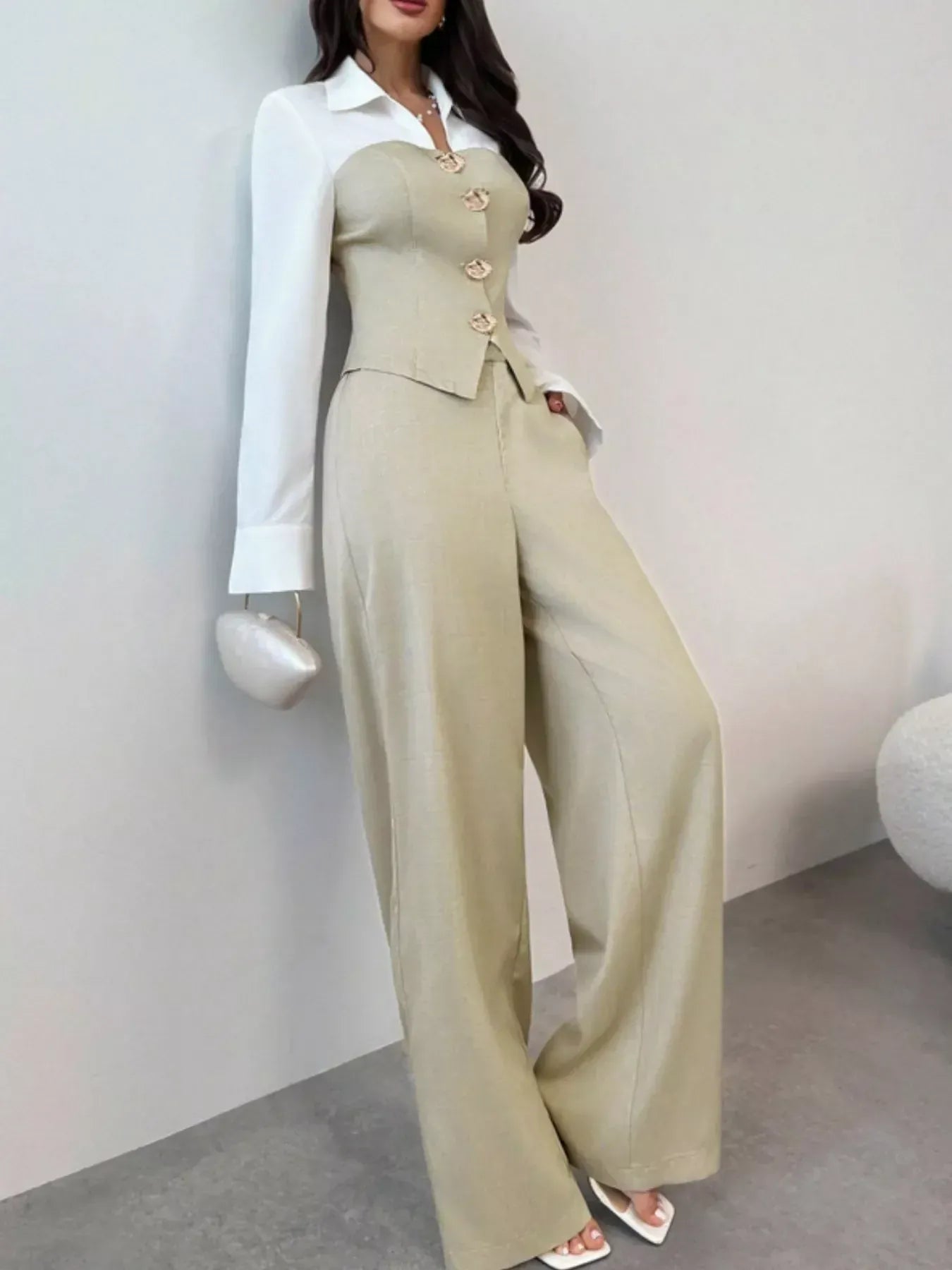 Two Tone Shirt and Wide Leg Pants Set Women's Sets Beige / S The Nichole Collection