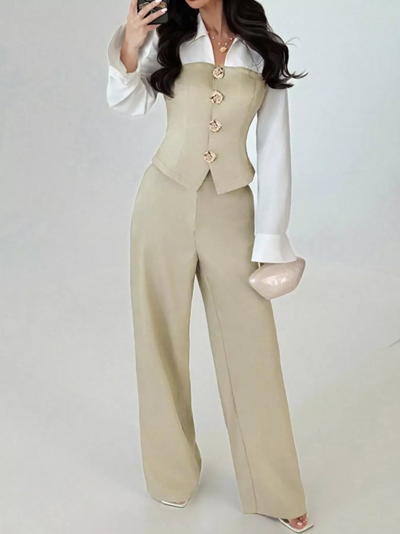 Two Tone Shirt and Wide Leg Pants Set Women's Sets The Nichole Collection