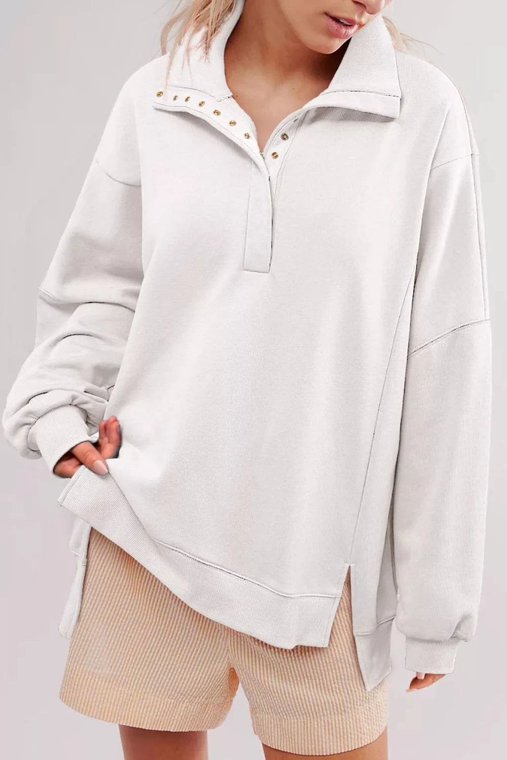 uttoned Collared Raw Detail High Low Baggy Sweatshirt with Slits White / S Trendsi