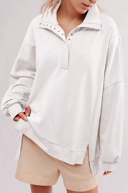 uttoned Collared Raw Detail High Low Baggy Sweatshirt with Slits White / S Trendsi
