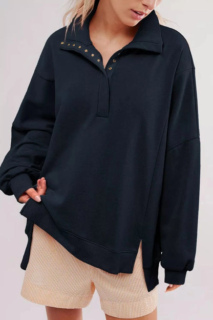 uttoned Collared Raw Detail High Low Baggy Sweatshirt with Slits Dark Navy / S Trendsi