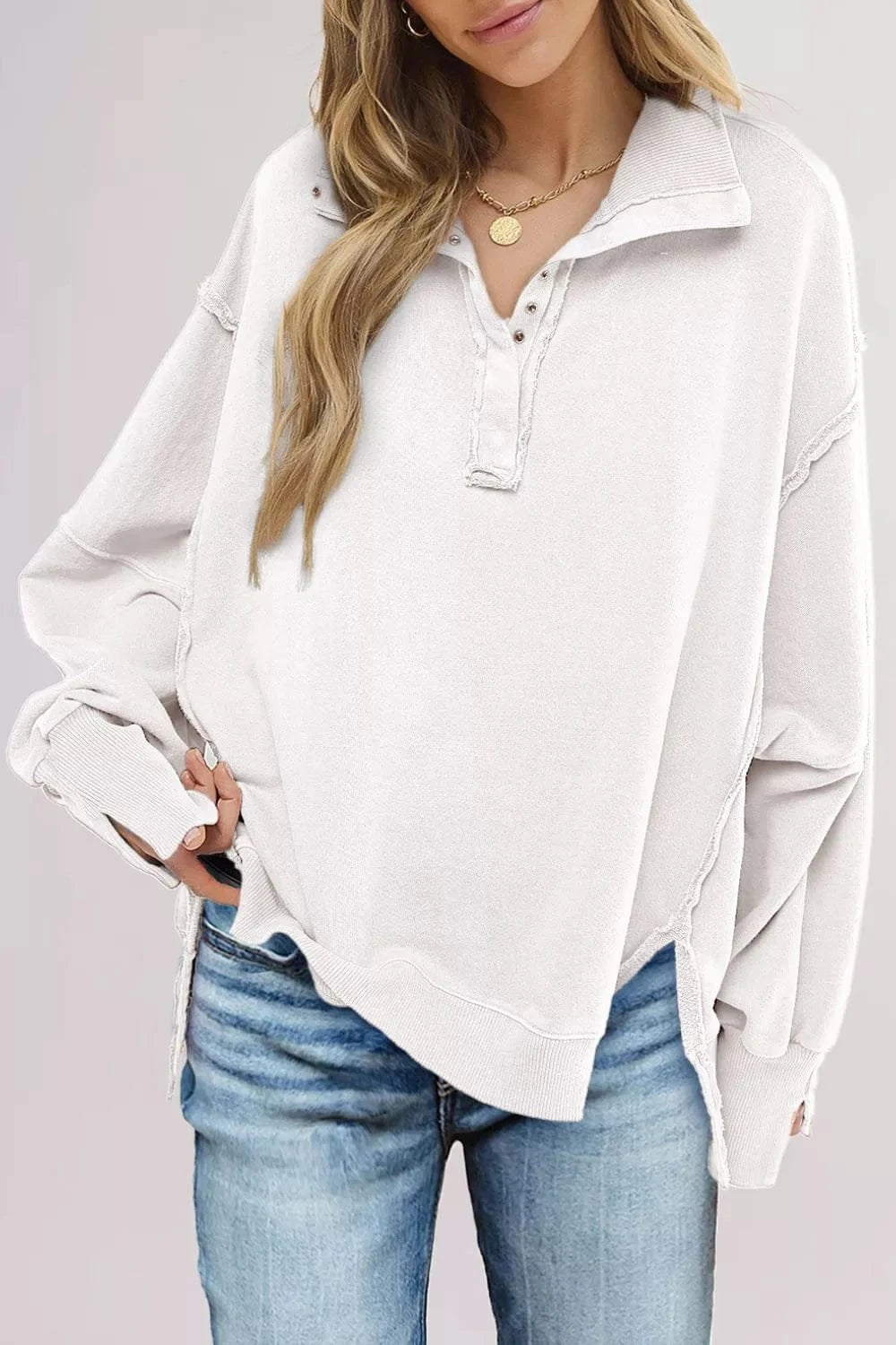 uttoned Collared Raw Detail High Low Baggy Sweatshirt with Slits Trendsi