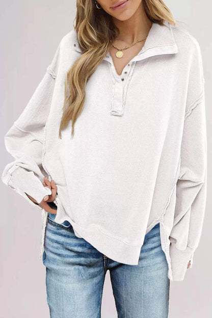 uttoned Collared Raw Detail High Low Baggy Sweatshirt with Slits Trendsi