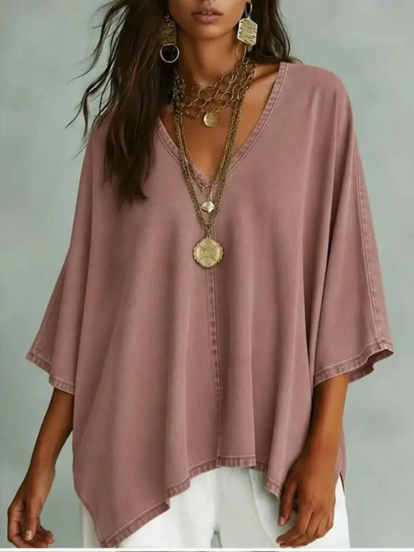 V-Neck Batwing Sleeve Premium Top Light Red / S The Nichole Collection