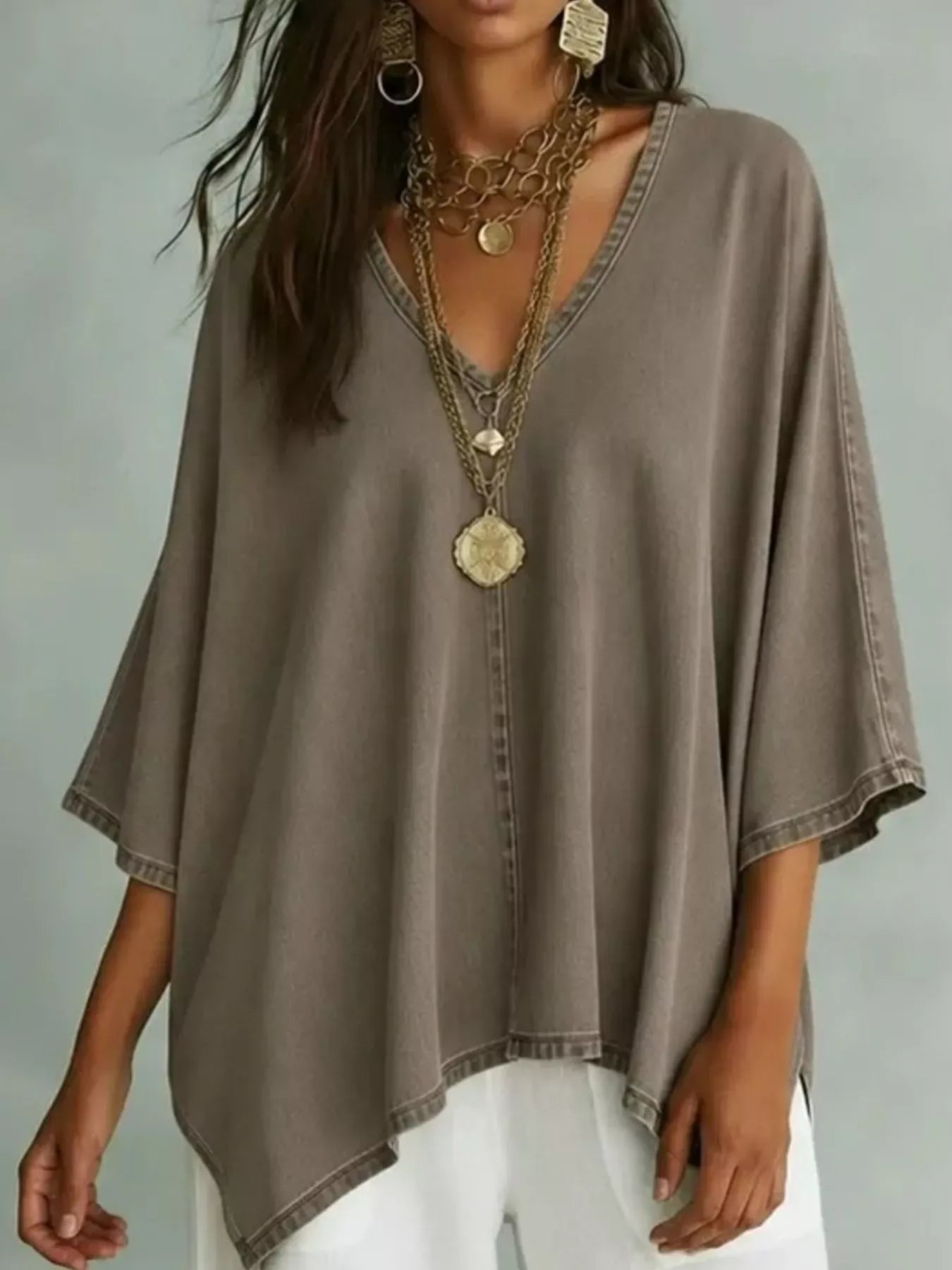 V-Neck Batwing Sleeve Premium Top Camel / S The Nichole Collection
