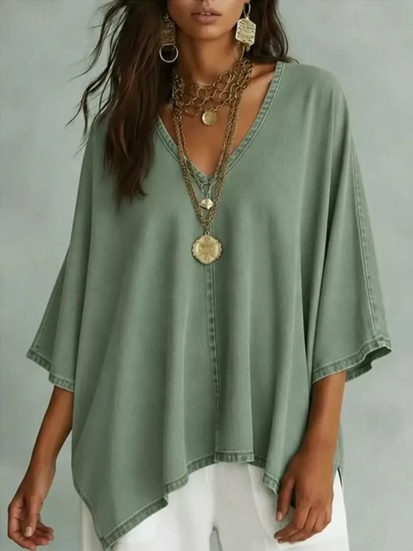V-Neck Batwing Sleeve Premium Top Light Green / S The Nichole Collection