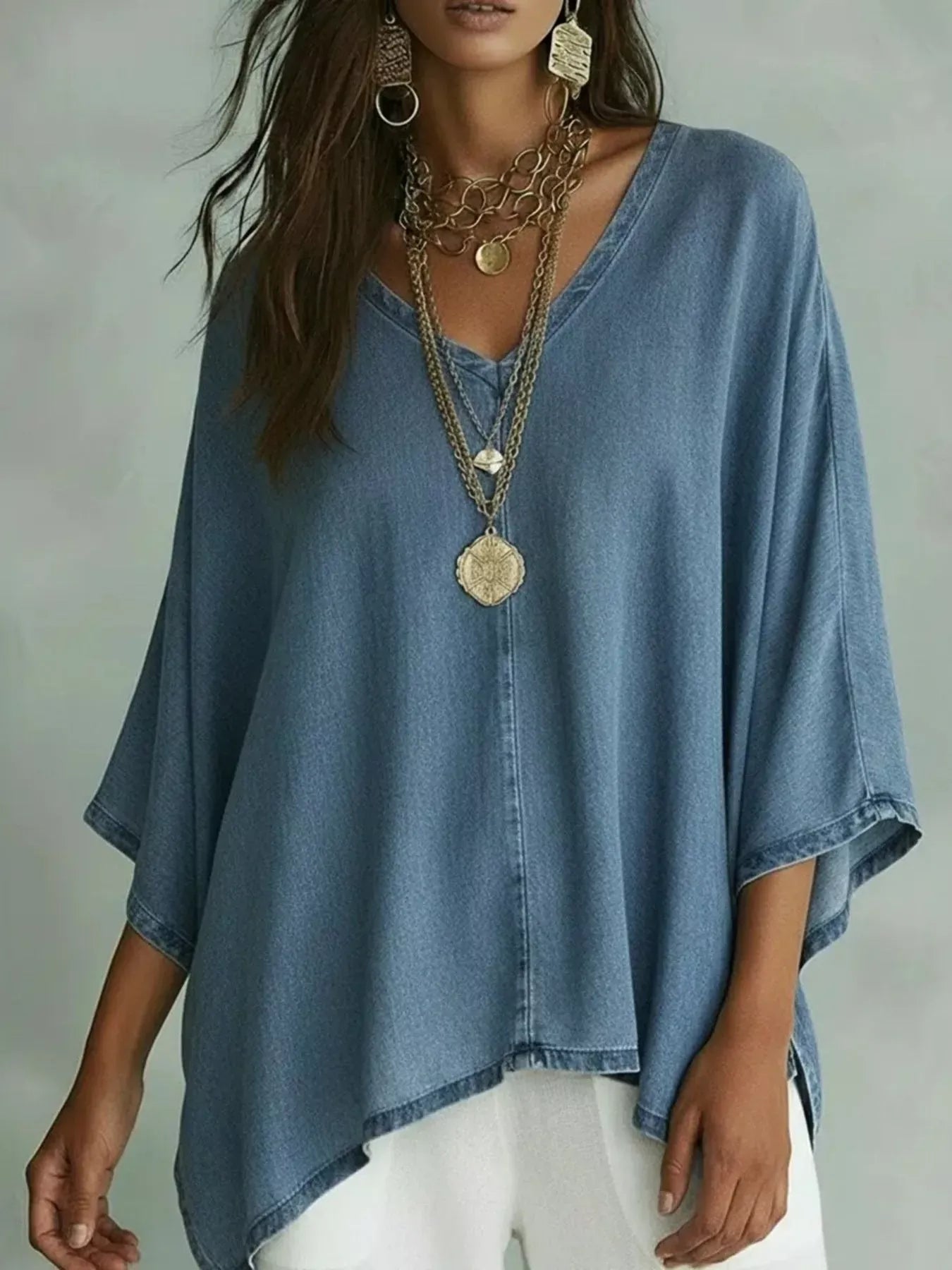 V-Neck Batwing Sleeve Premium Top Light Blue / S The Nichole Collection