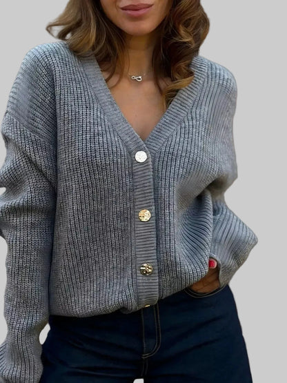 V-Neck Button-Up Knit Cardigan Dark Gray / S The Nichole Collection