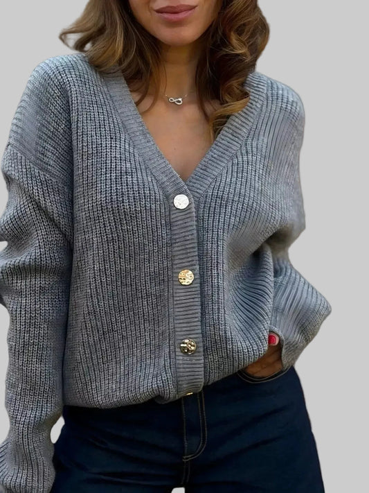 V-Neck Button-Up Knit Cardigan Dark Gray / S The Nichole Collection