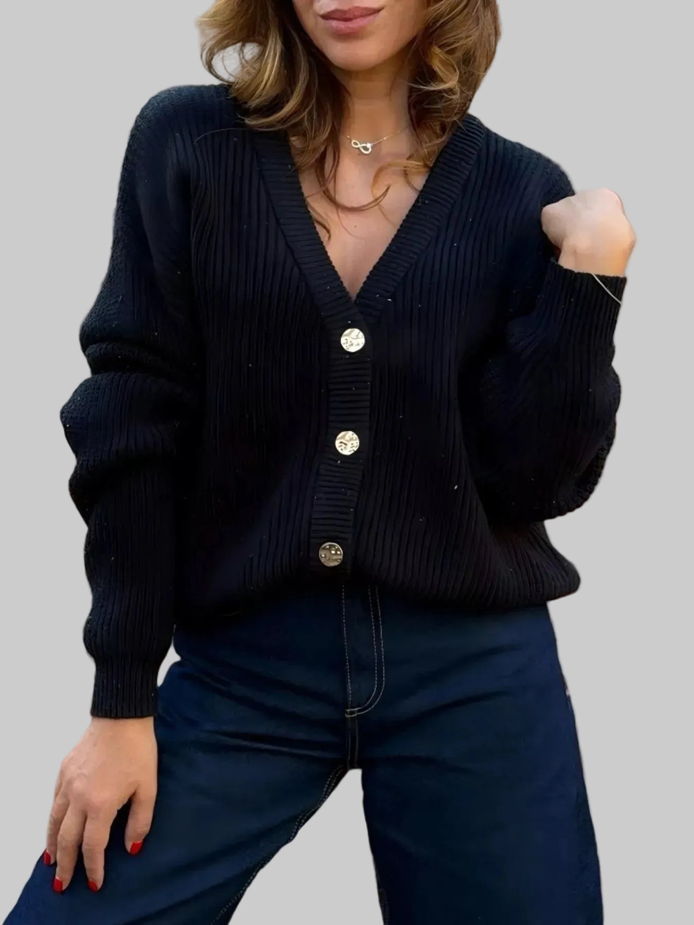 V-Neck Button-Up Knit Cardigan Black / S The Nichole Collection