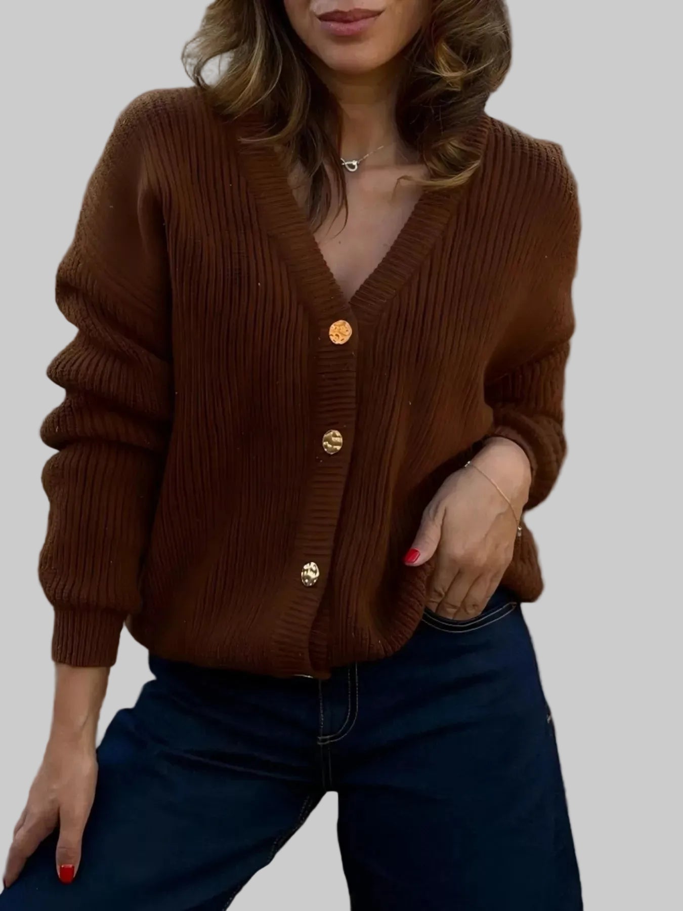V-Neck Button-Up Knit Cardigan Dark Brown / S The Nichole Collection