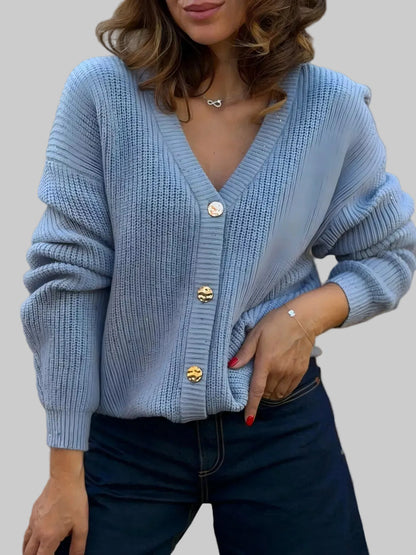V-Neck Button-Up Knit Cardigan Blue / S The Nichole Collection