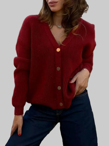 V-Neck Button-Up Knit Cardigan Deep Red / S The Nichole Collection