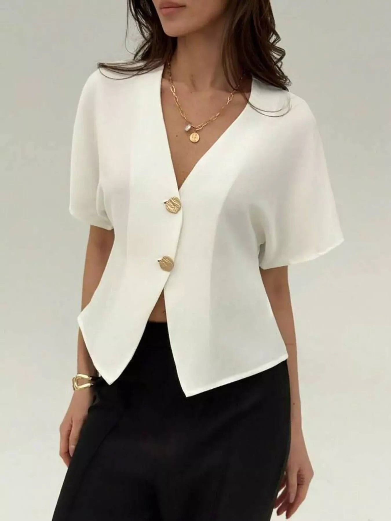 V-Neck Button-Up Short Sleeve Shirt The Nicole Collection