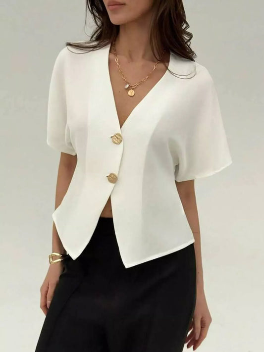 V-Neck Button-Up Short Sleeve Shirt The Nicole Collection