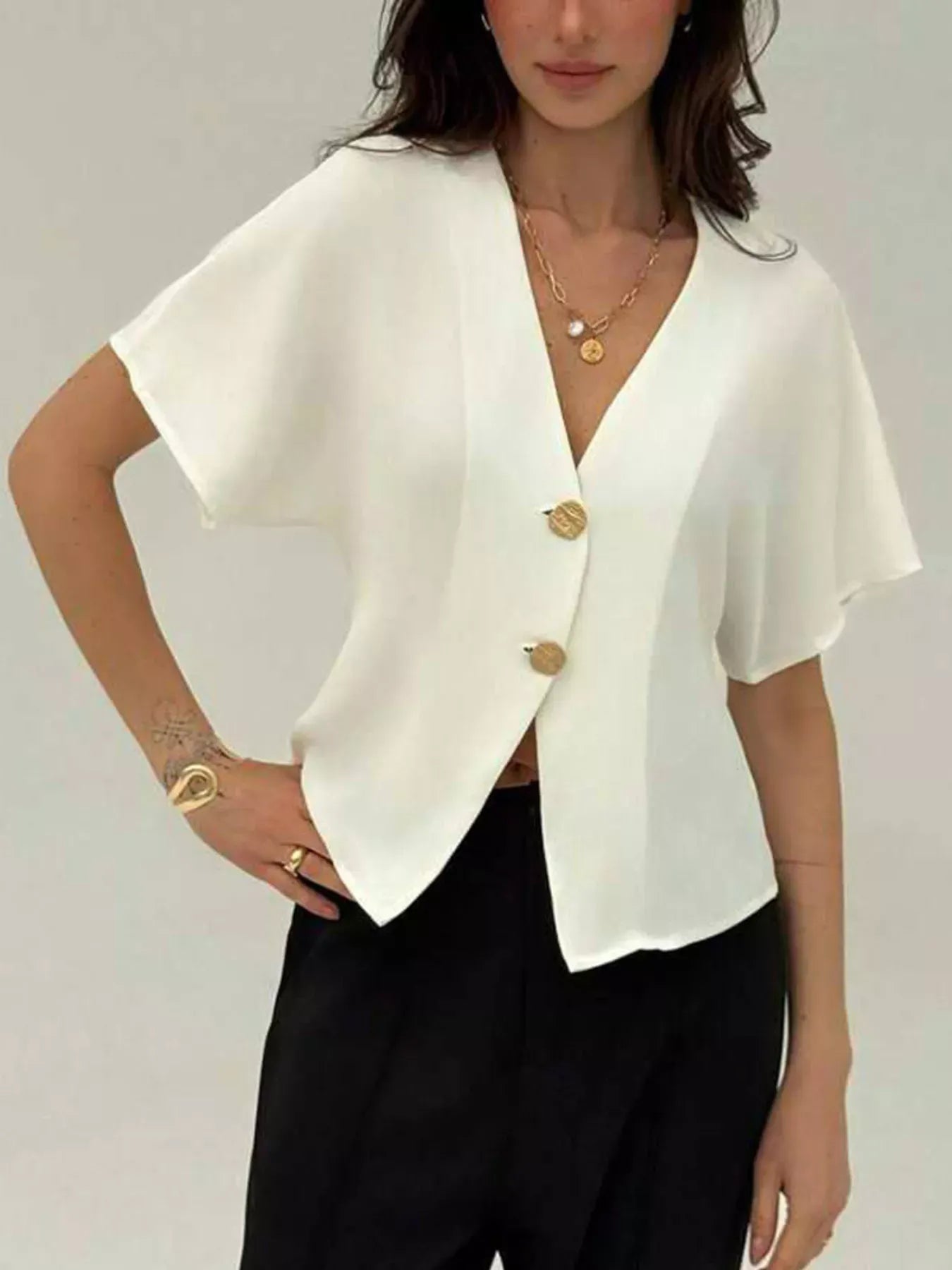 V-Neck Button-Up Short Sleeve Shirt The Nicole Collection