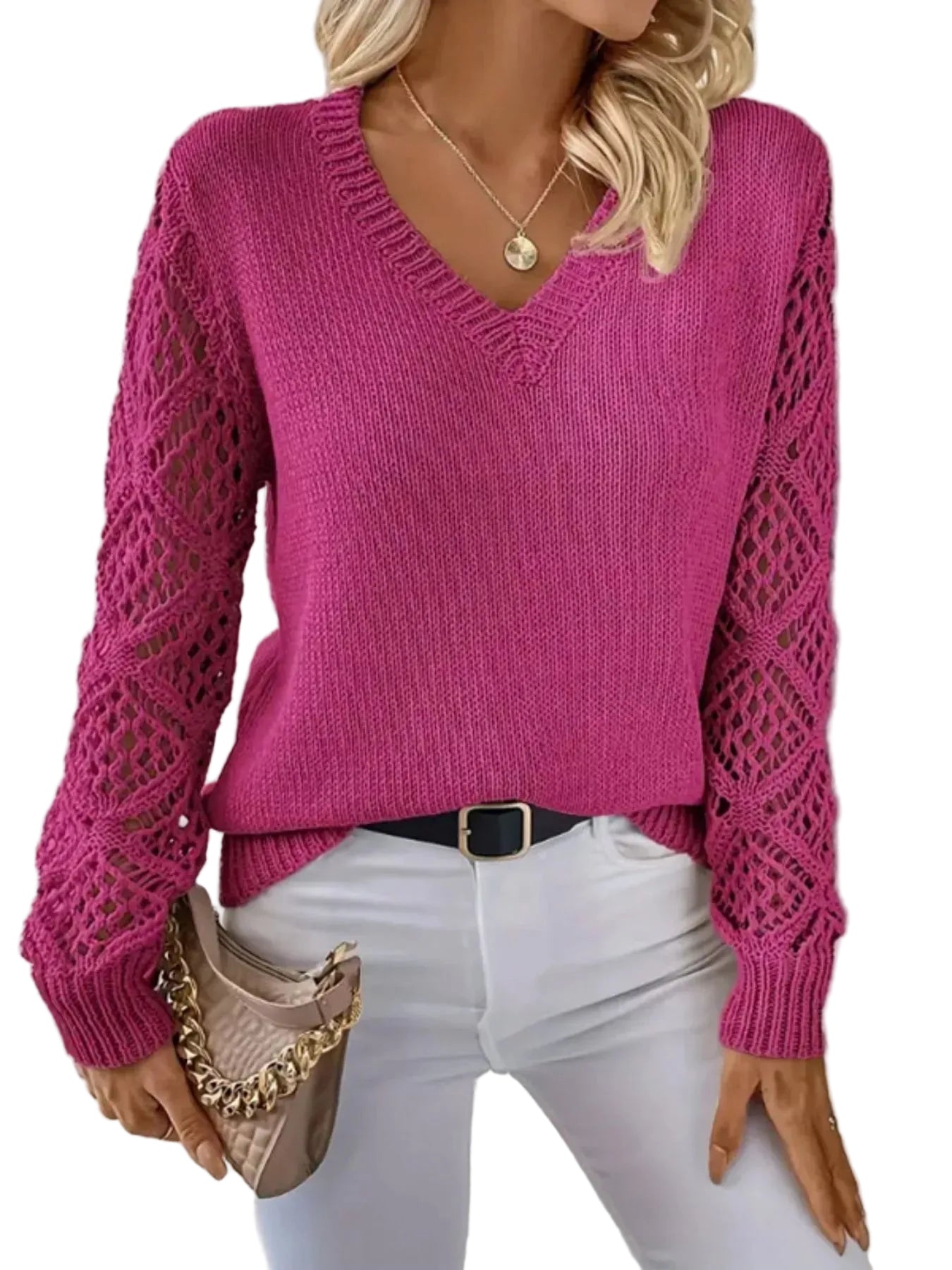 V-Neck Crochet Sleeve Sweater Cerise / S The Nichole Collection - Official Site