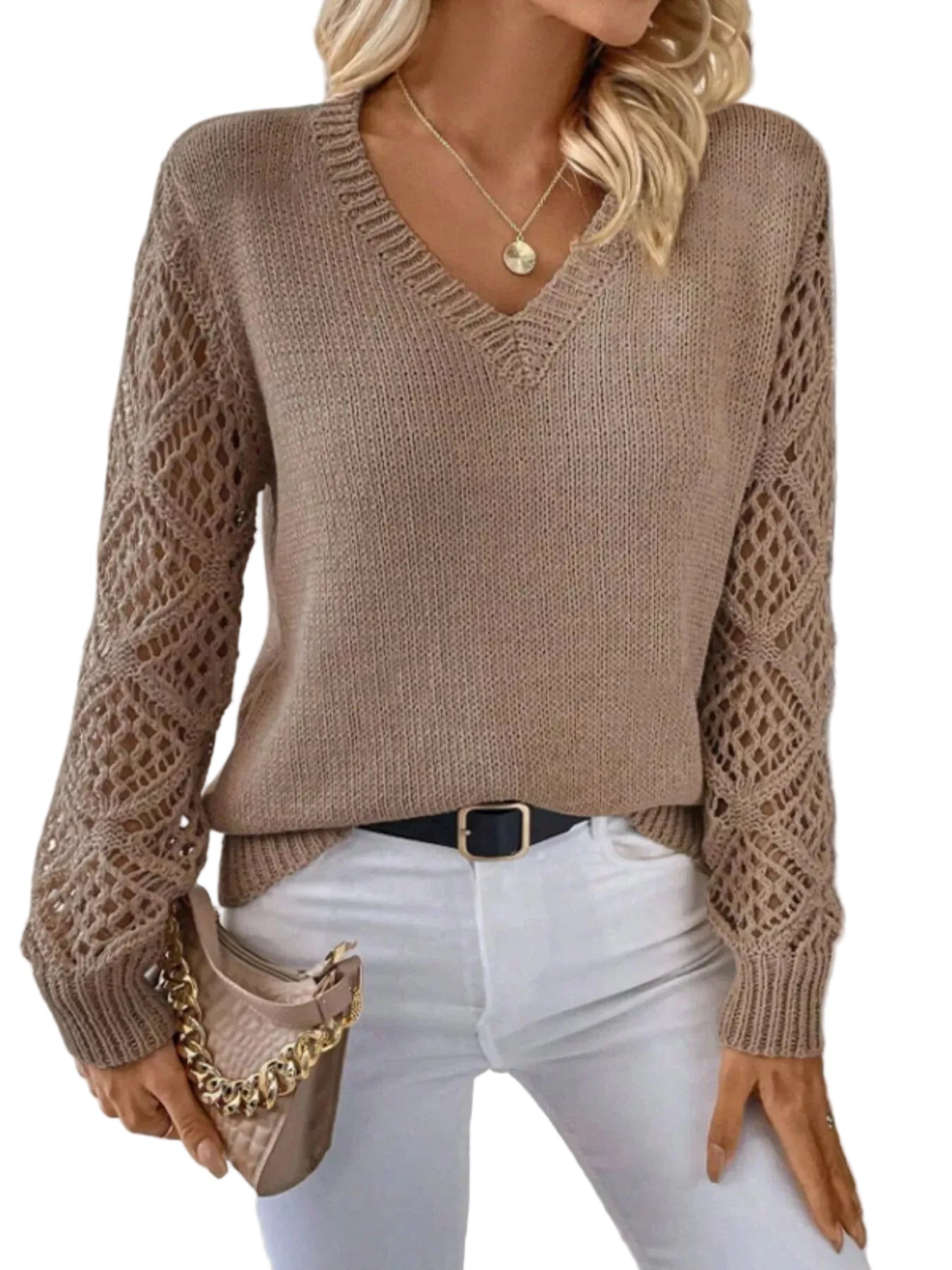 V-Neck Crochet Sleeve Sweater The Nichole Collection - Official Site