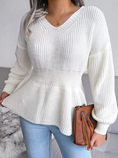 V-Neck Dropped Shoulder Sweater with Flattering Waist Sweaters The Nichole Collection