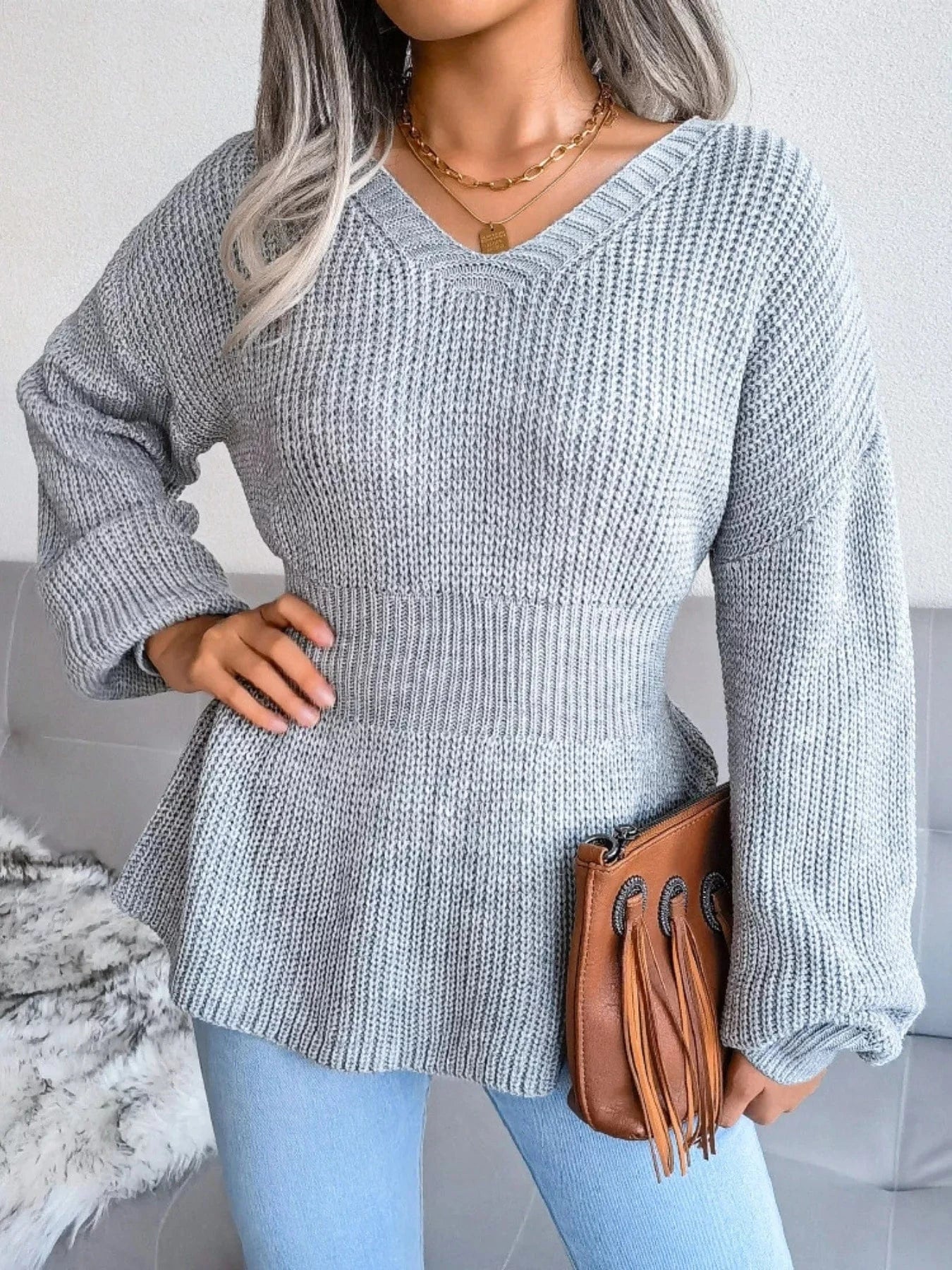 V-Neck Dropped Shoulder Sweater with Flattering Waist Sweaters The Nichole Collection