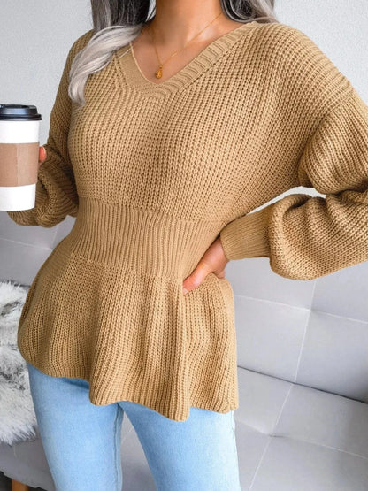 V-Neck Dropped Shoulder Sweater with Flattering Waist Sweaters The Nichole Collection