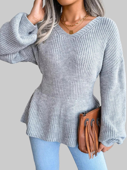V-Neck Dropped Shoulder Sweater with Flattering Waist Sweaters Grey / S The Nichole Collection