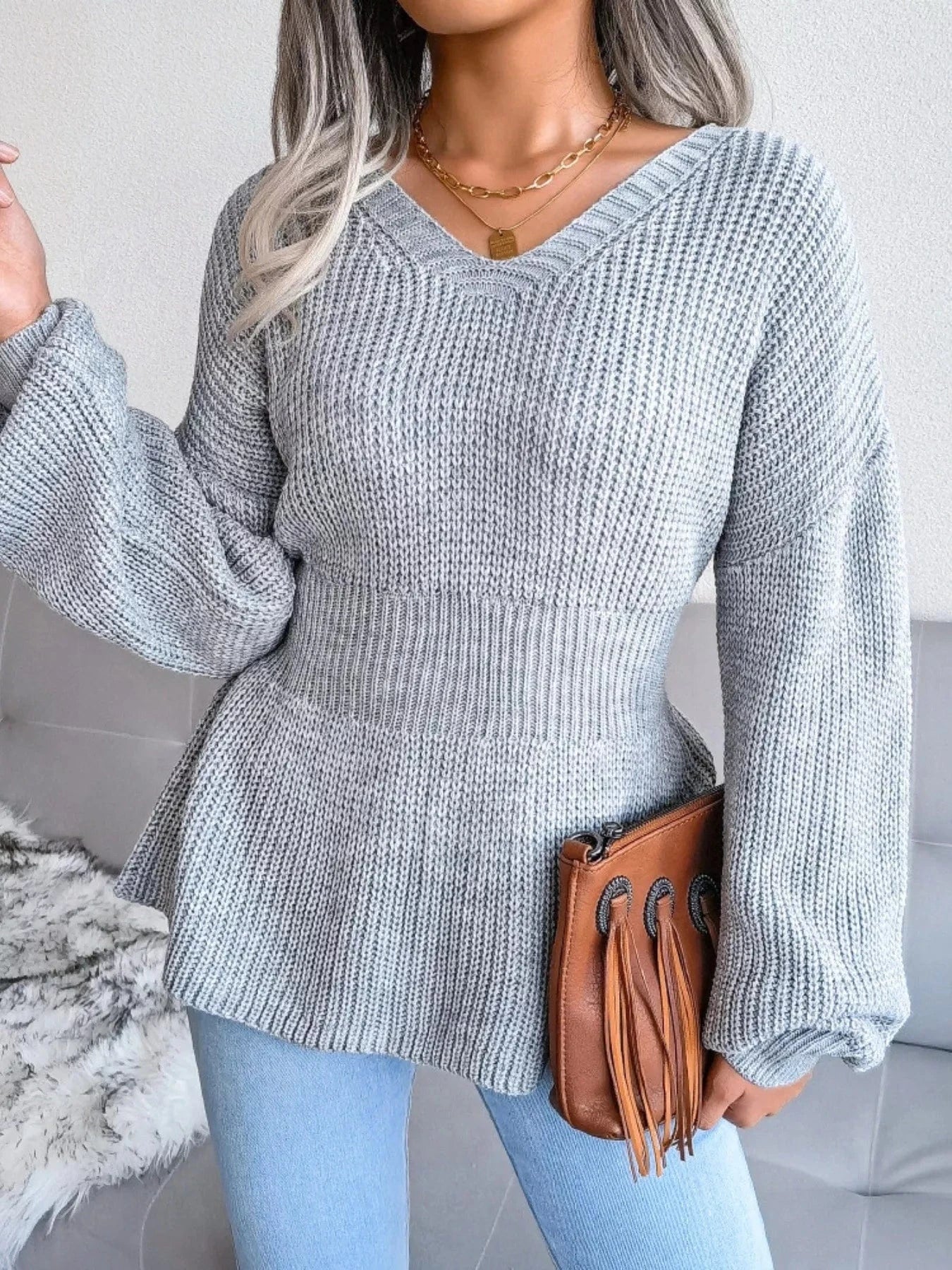 V-Neck Dropped Shoulder Sweater with Flattering Waist Sweaters The Nichole Collection