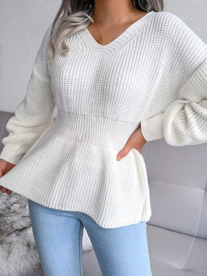 V-Neck Dropped Shoulder Sweater with Flattering Waist Sweaters The Nichole Collection