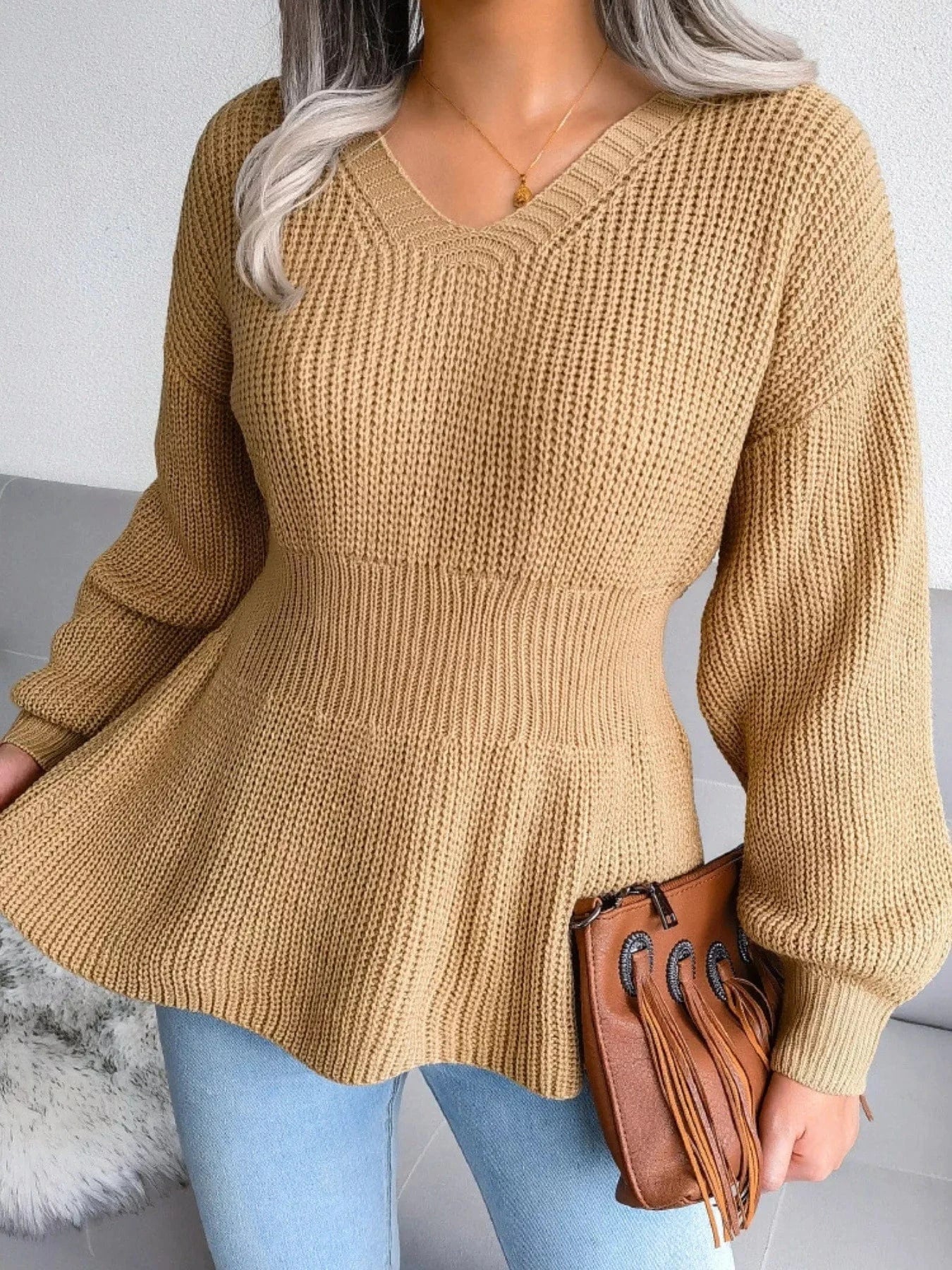 V-Neck Dropped Shoulder Sweater with Flattering Waist Sweaters The Nichole Collection