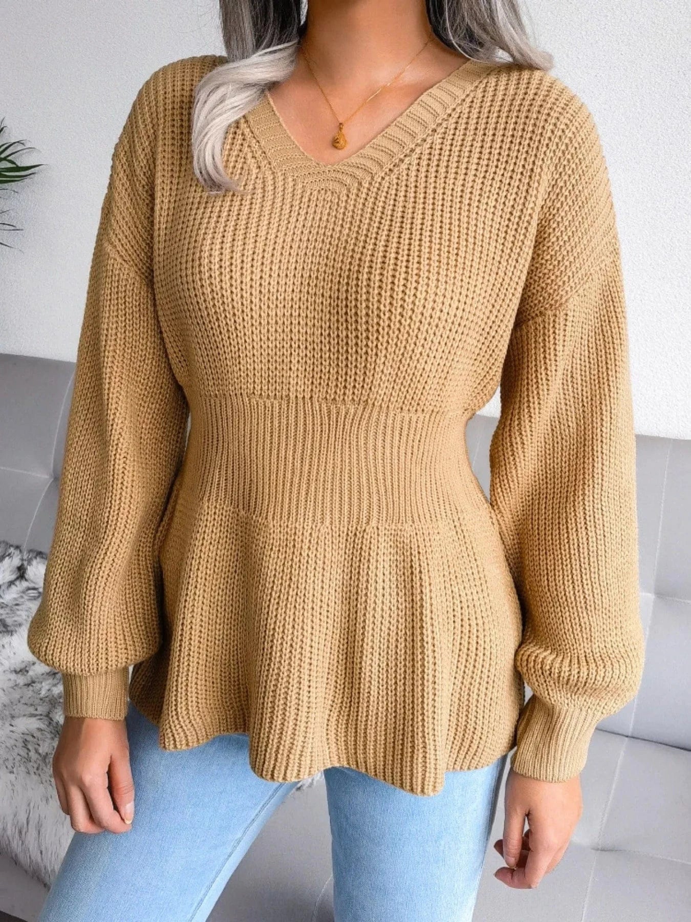 V-Neck Dropped Shoulder Sweater with Flattering Waist Sweaters The Nichole Collection