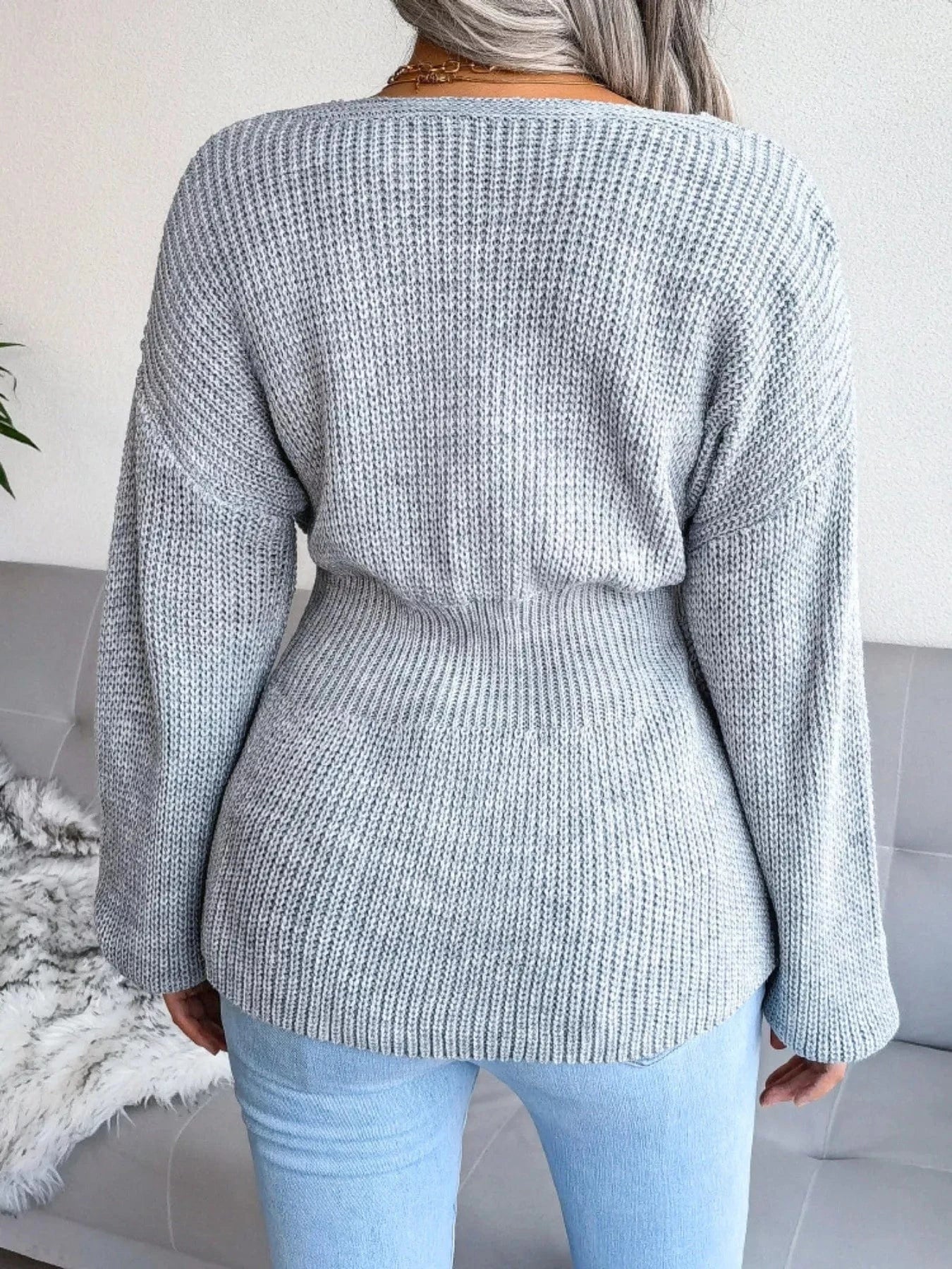 V-Neck Dropped Shoulder Sweater with Flattering Waist Sweaters The Nichole Collection