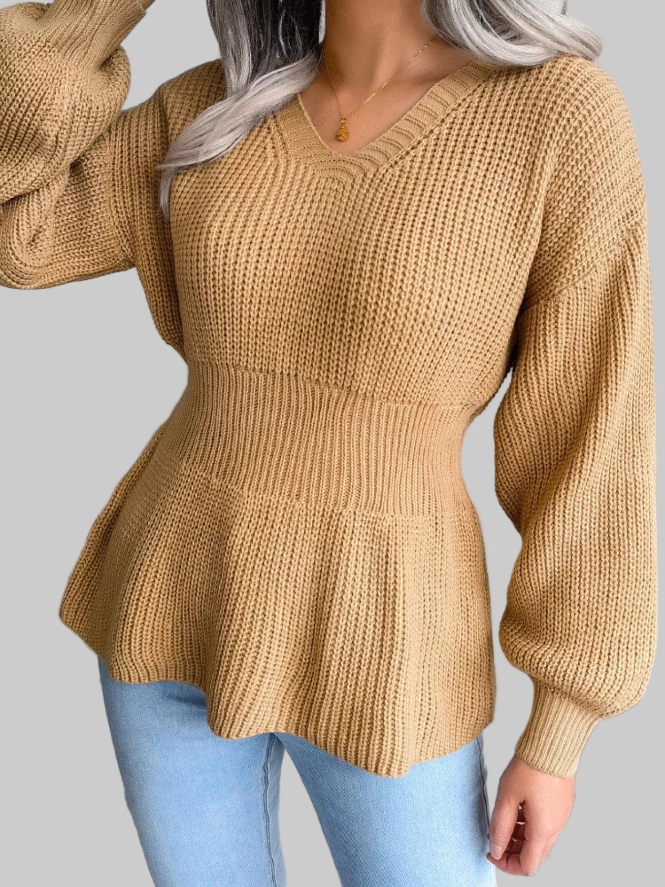V-Neck Dropped Shoulder Sweater with Flattering Waist Sweaters Khaki / S The Nichole Collection