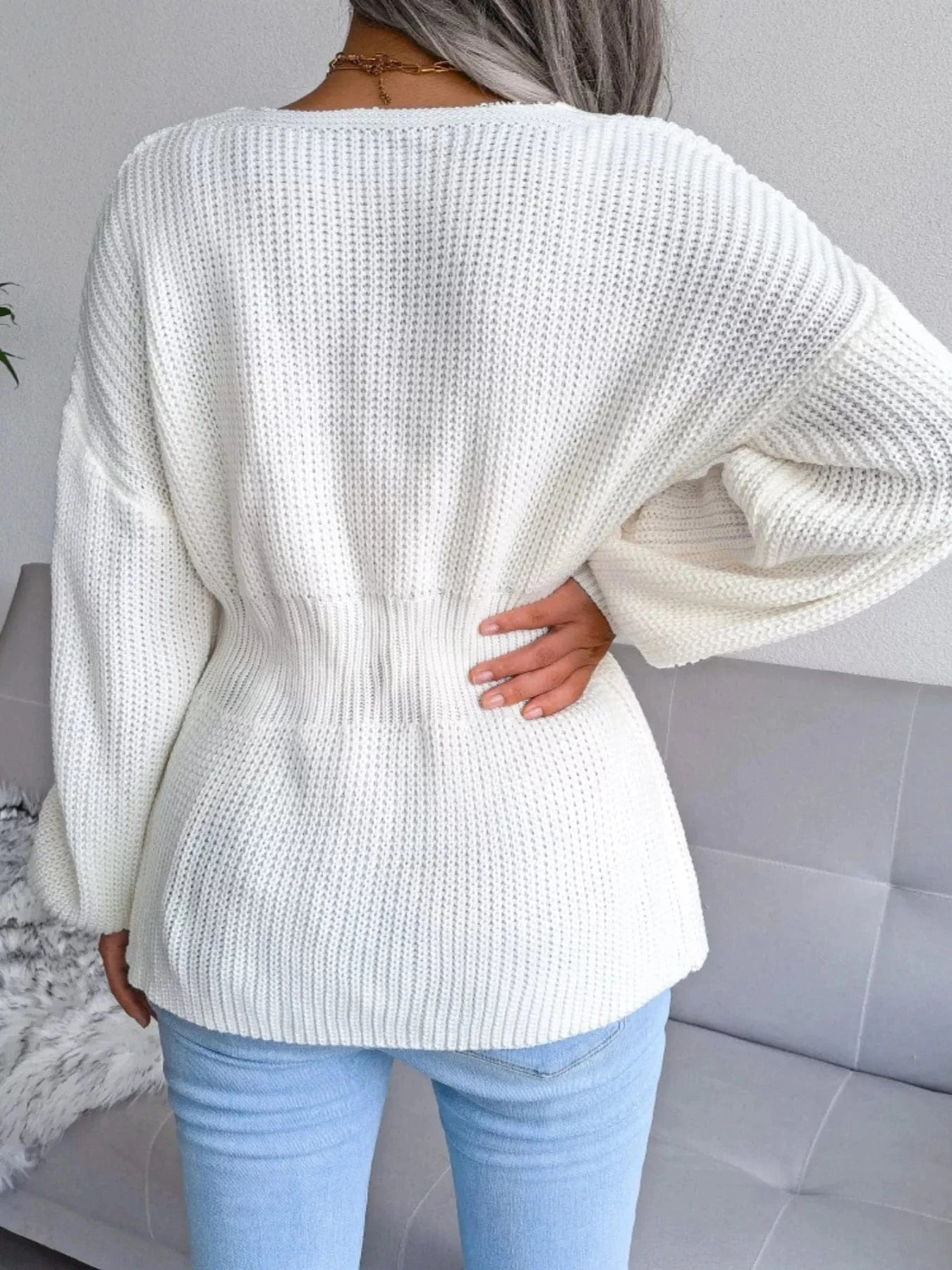 V-Neck Dropped Shoulder Sweater with Flattering Waist Sweaters The Nichole Collection