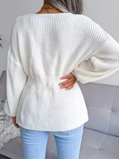 V-Neck Dropped Shoulder Sweater with Flattering Waist Sweaters The Nichole Collection