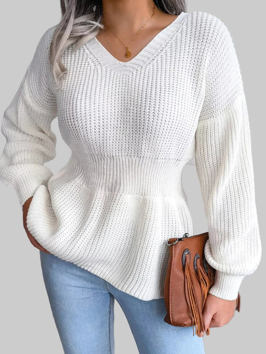 V-Neck Dropped Shoulder Sweater with Flattering Waist Sweaters White / S The Nichole Collection
