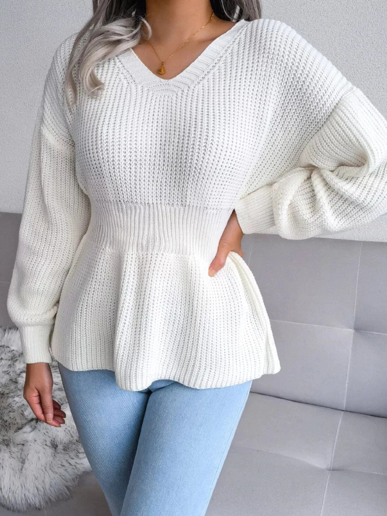 V-Neck Dropped Shoulder Sweater with Flattering Waist Sweaters The Nichole Collection