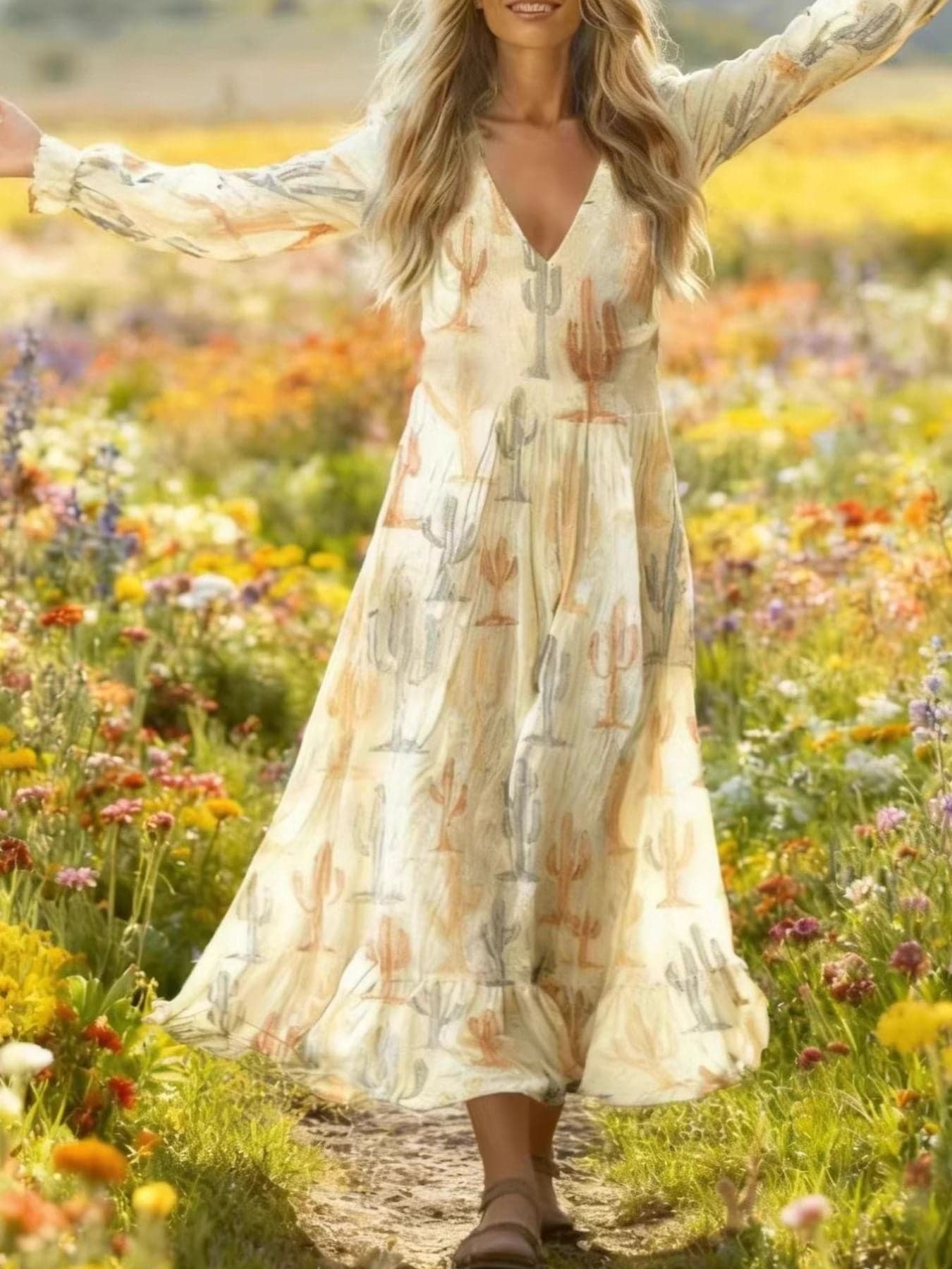 V-Neck Flounce Sleeve Dress Beige / S THE NICHOLE COLLECTION - Official Site